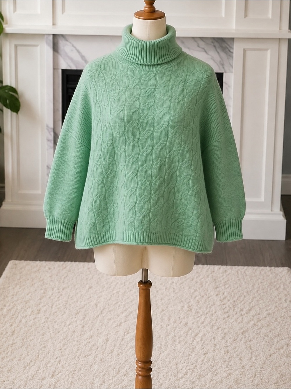 Turtleneck Cable-Knit Sweater - Mint Green
